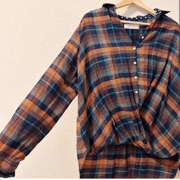 Anthropologie Isabella Sinclair Plaid Twisted Button Down Blue Orange S Womens - Picture 2 of 5